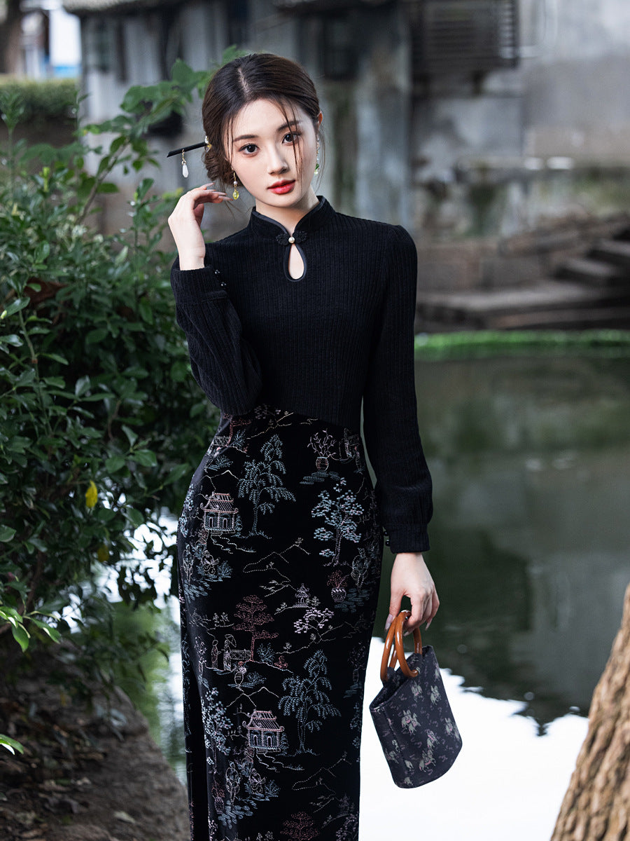 New-Chinese Bodycon Dress Winter Mandarin Keyhole Slim Maxi, Flattering Slit Gown | HANGRACE Han Grace New-Chinese Bodycon Dress Winter Mandarin Keyhole Slim Maxi, Flattering Slit Gown | HANGRACE Han Grace