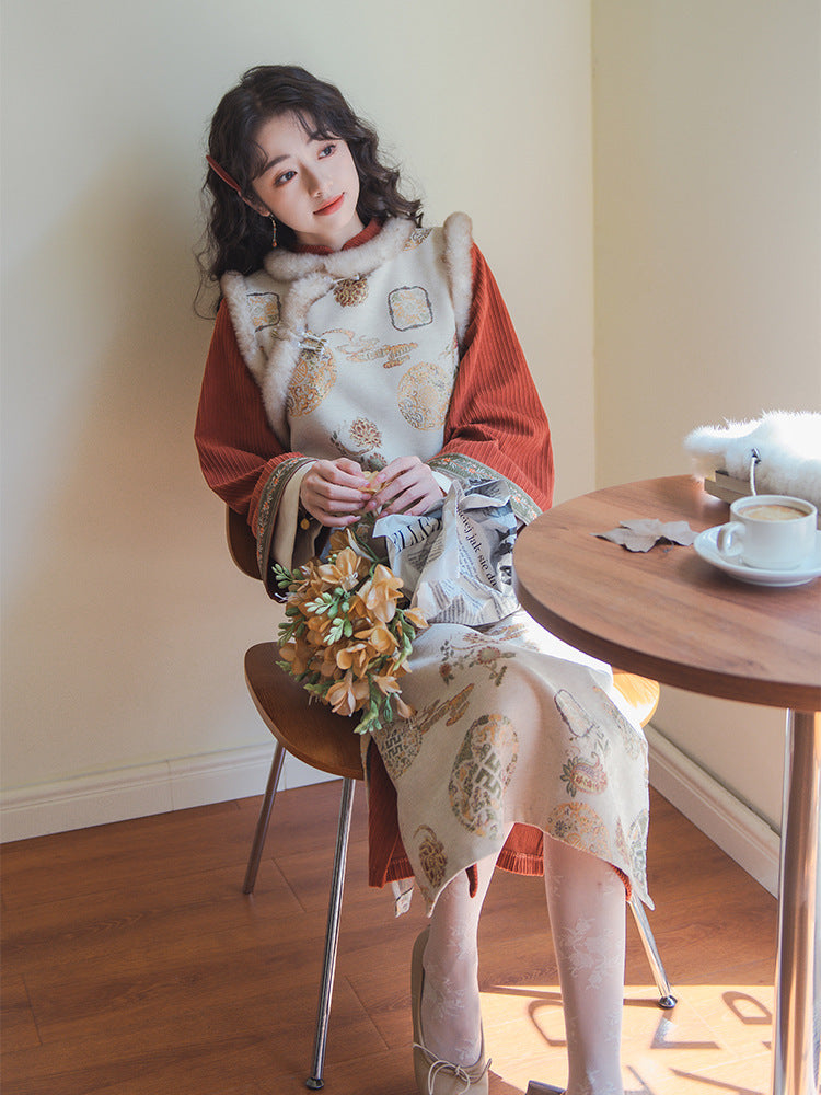 Vintage Orange Corduroy Hanfu Dress With Embroidered Vest