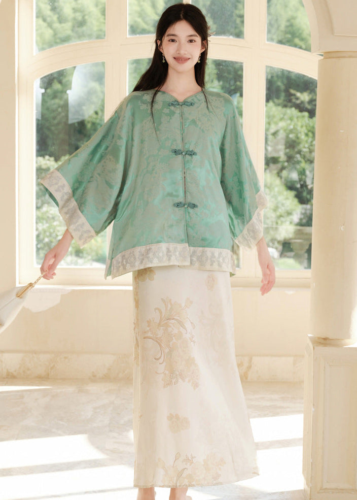 Modern Chinese Set | Brocade Frog-Button Cape Top & Maxi Skirt