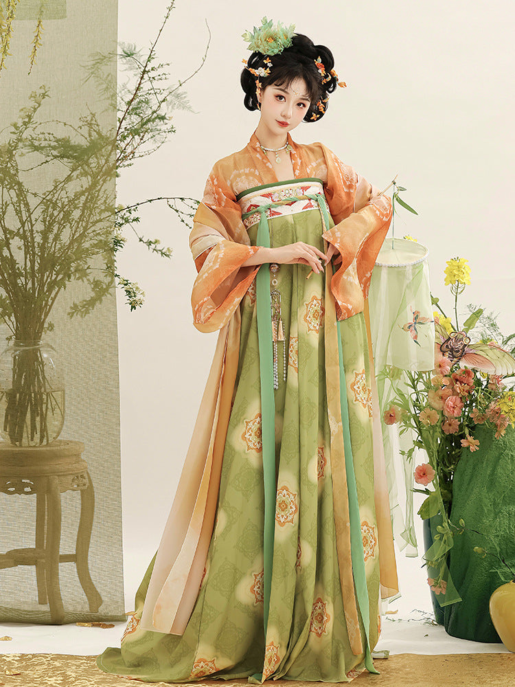 Elegant Tang Dynasty Hanfu Dress with Floral Design and Pleated Skirt for Women