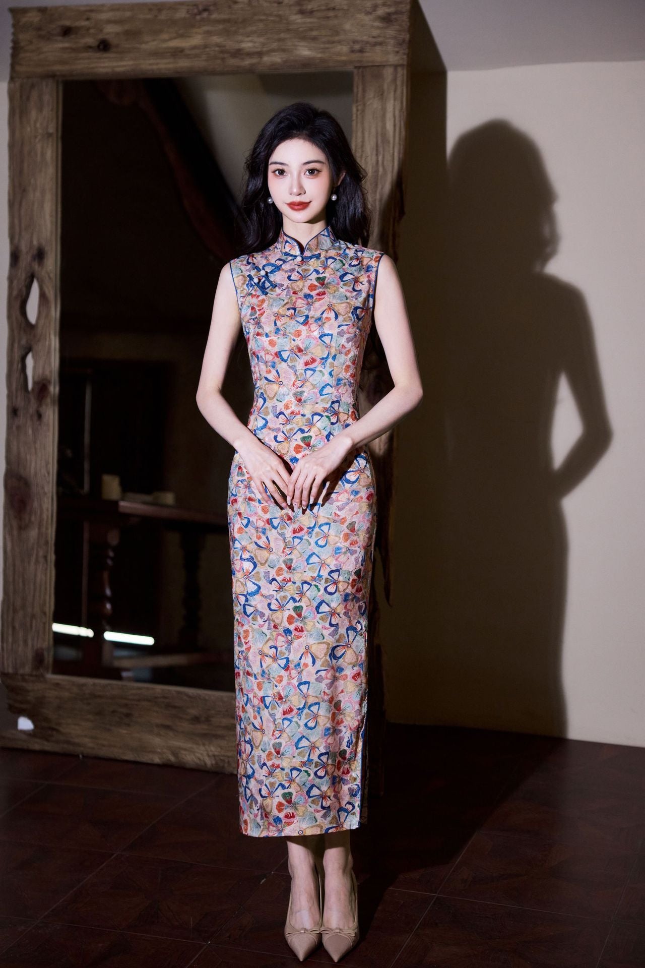 Sleeveless Slim Cheongsam Dress | Artistic Printed Evening Gown