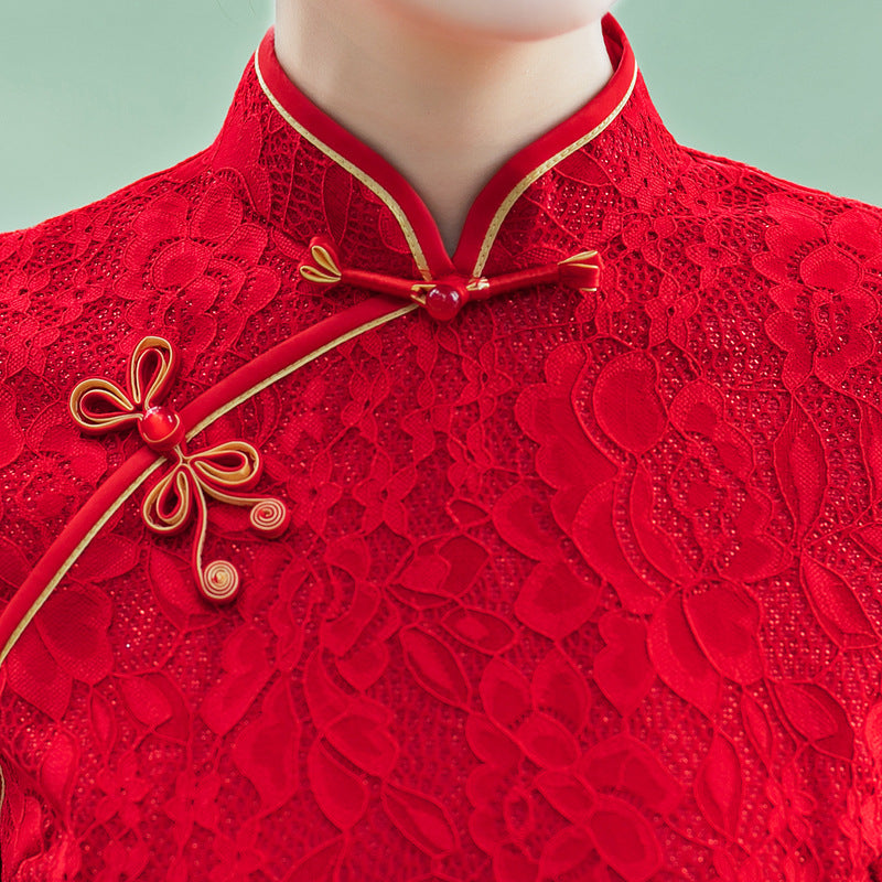 Autumn Red Lace Long Qipao Cheongsam | Elegant Hollow Seven-Sleeve Chinese Dress