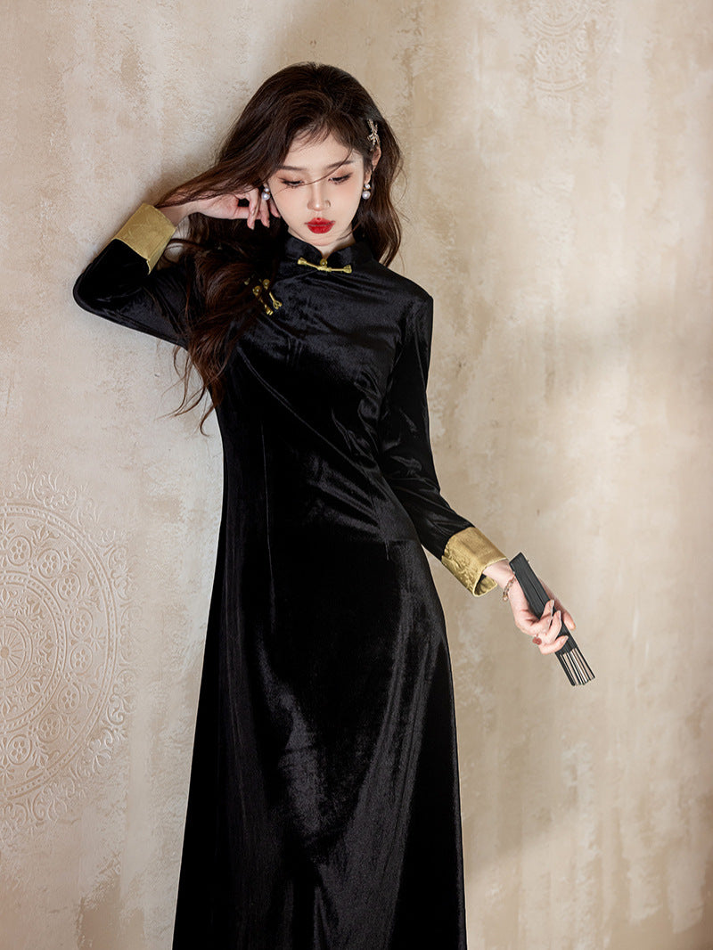Black Cheongsam Dress with Yellow Collar – Elegant Chinese Traditional Dress