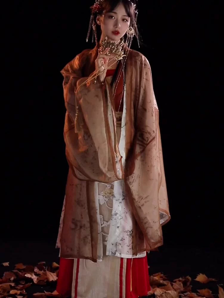 Elegant Tang Dynasty Hanfu Dress Set with Embroidered Cloak & Flowing Skirt