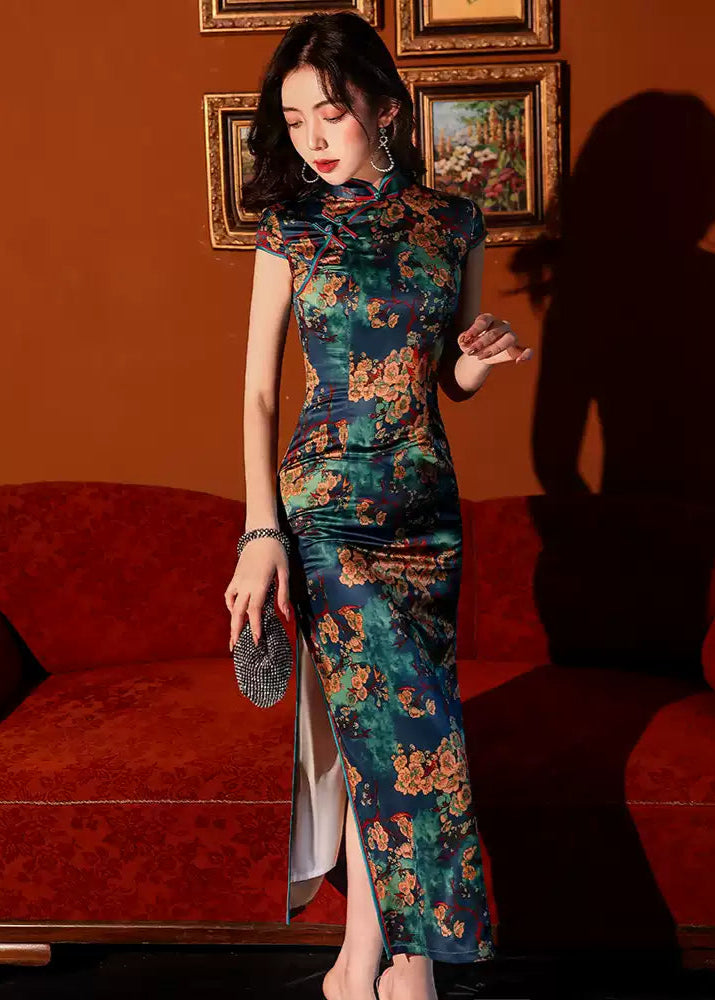 Vintage Long Floral Color Qipao Dress