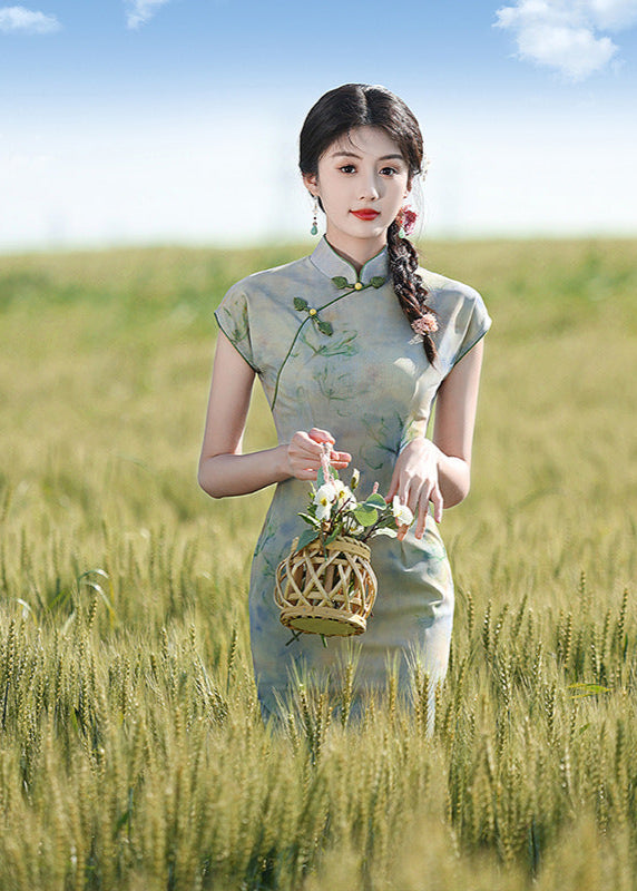 Spring Sleeveless Green Qipao Long Dress | Watercolor Floral