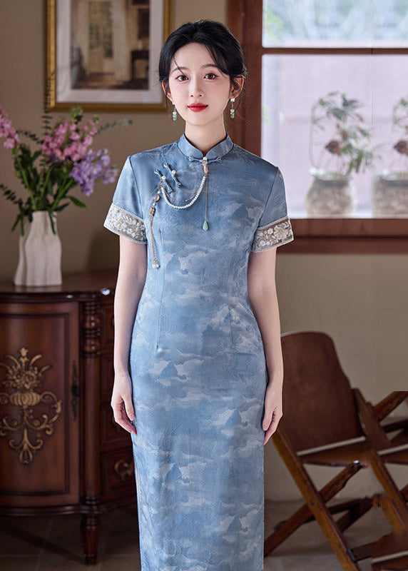 Mist-Blue Vintage Jacquard Qipao | Slim Mandarin Maxi