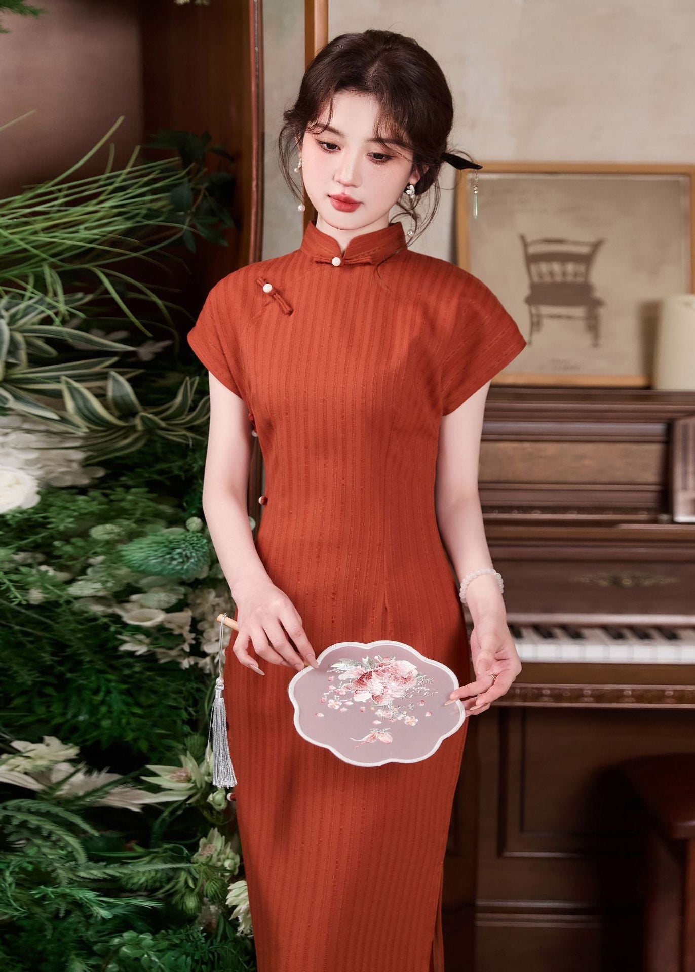New Chinese Style Vintage Cheongsam Dress | Ribbed Slim Midi Mandarin