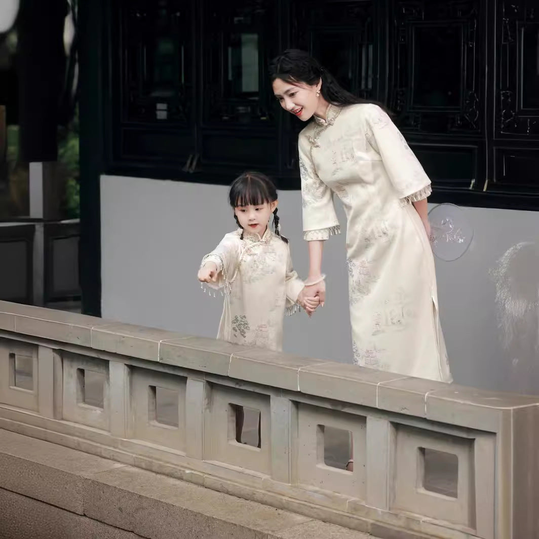 Matching Mother and Daughter Traditional Chinese Cheongsam - Elegant Floral Hanfu Dress for Special Occasions