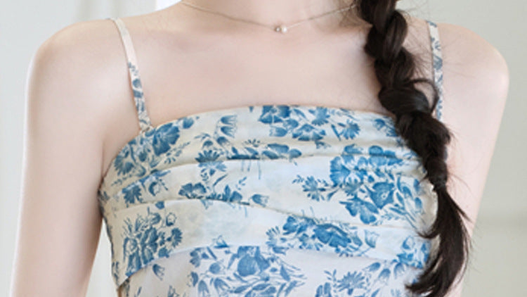 Chinese-Style Blue-and-White Camisole Set | Fresh Blue Sheer Midi Skirt