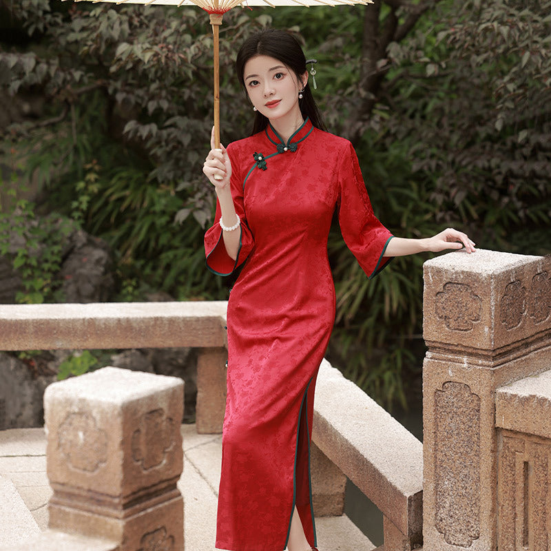 Elegant Red Floral Qipao Dress with Bell Sleeves