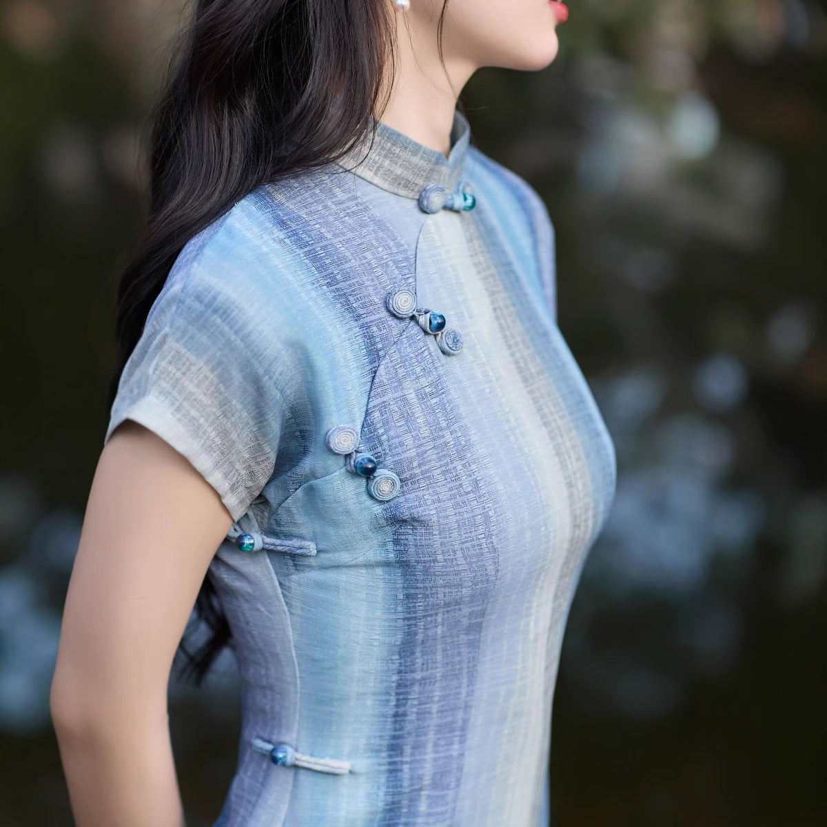Summer Blue White Striped Retro Qipao | Slim Fit Vintage Cheongsam Dress