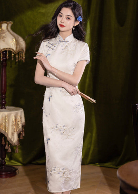 Ivory Embroidered Satin Long Qipao | Short-Sleeve Slim Silhouette