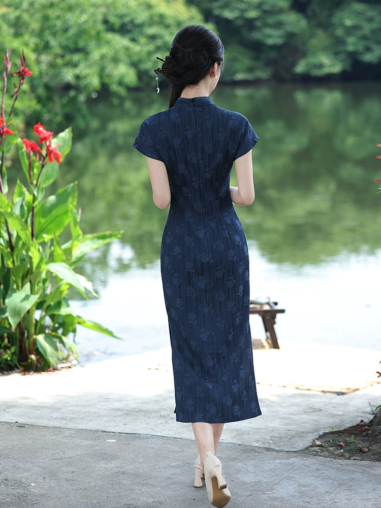 Navy Jacquard Vintage Elegant Qipao Dress | Cap-Sleeve Slim Long Gown