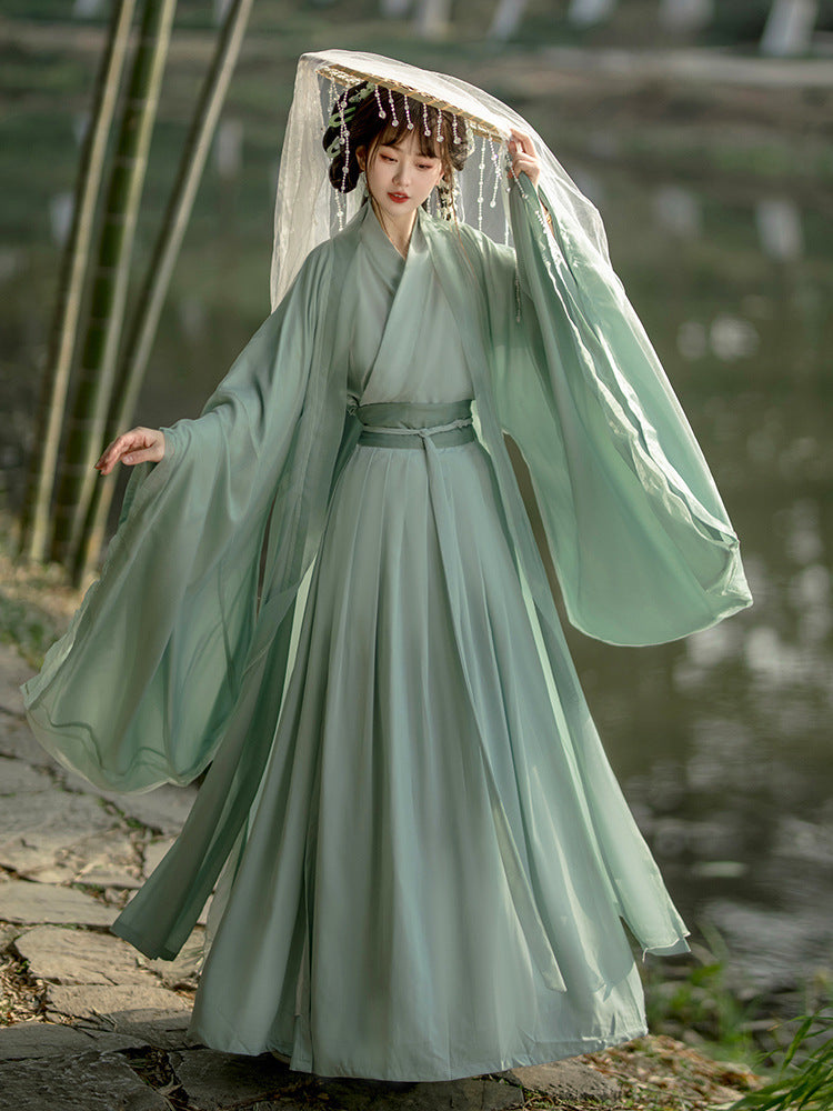 Elegant Flowing Traditional Chinese Hanfu Dress – Graceful Bamboo Green Ancient Style Gown