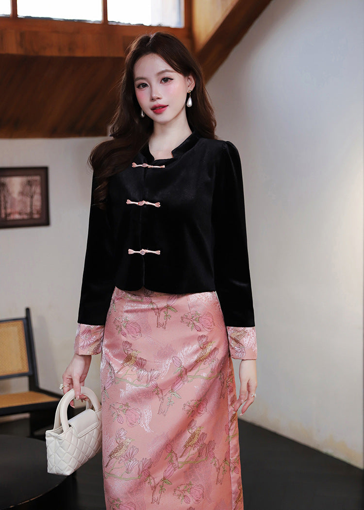 Embellished Frog-Button Top & Jacquard Skirt Set | New Chinese