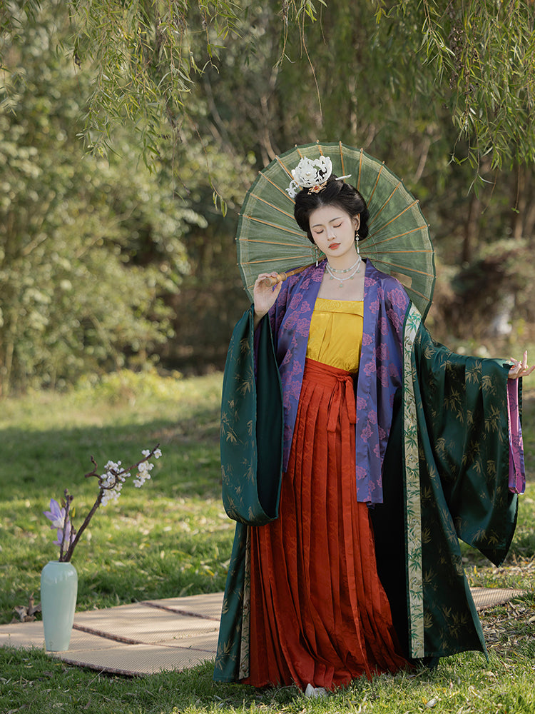 Song Dynasty Hanfu Women's Bamboo Print Long Robe with Pleated Skirt