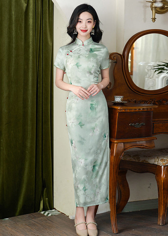 Light Green Vintage Qipao | Summer Short-Sleeve Floral Cheongsam