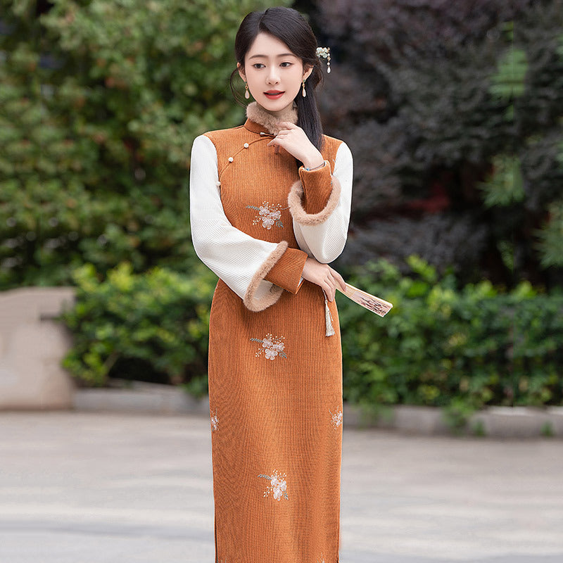 Vintage Embroidered Cheongsam Dress Elegant Hanfu Style Winter Qipao