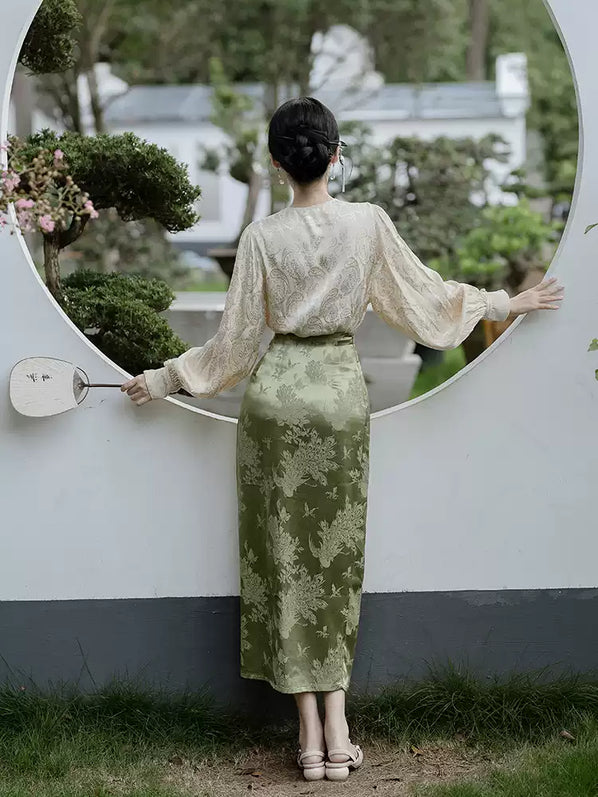 New Chinese Style Green Long Sleeve Blouse Half-body Skirt Two Piece Set