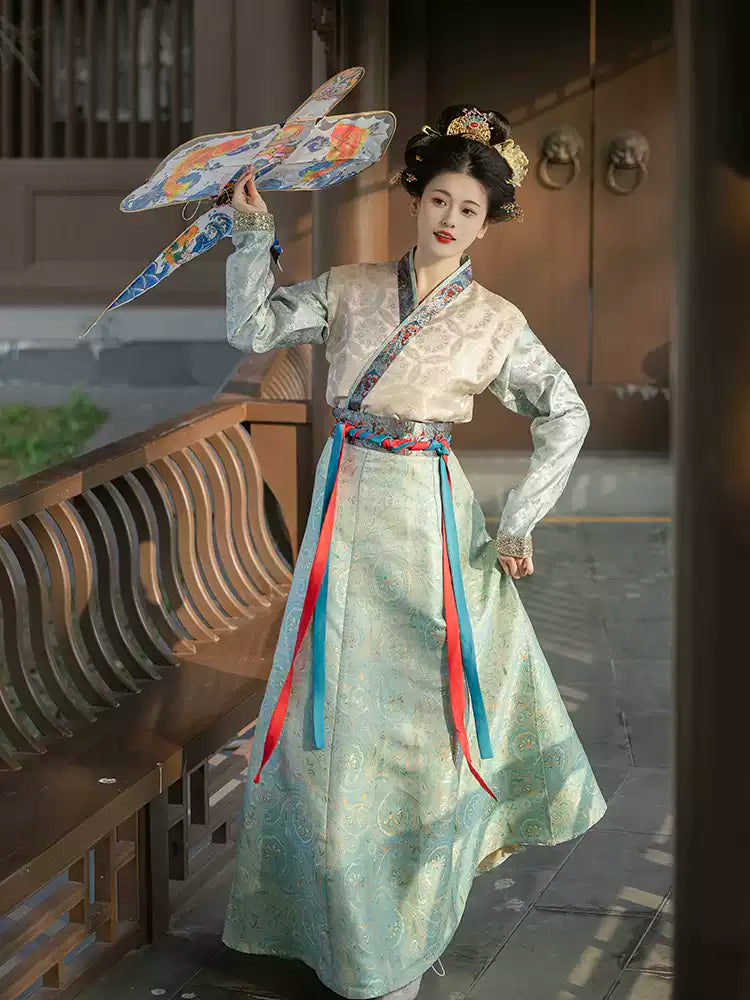 Traditional Tang Dynasty Hanfu Embroidered Dress with Colorful Ribbon Belt