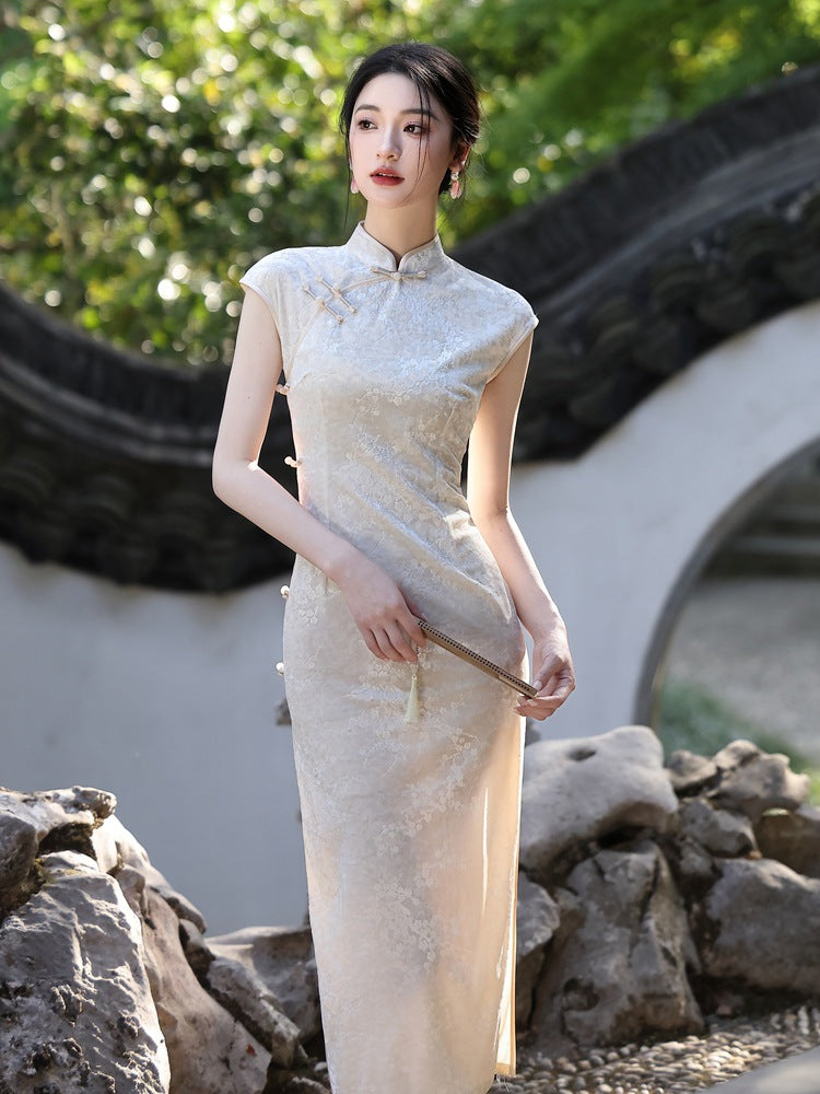 Beige Jacquard New-Chinese Sleeveless Qipao Dress | Sleek Elegant Maxi for Summer