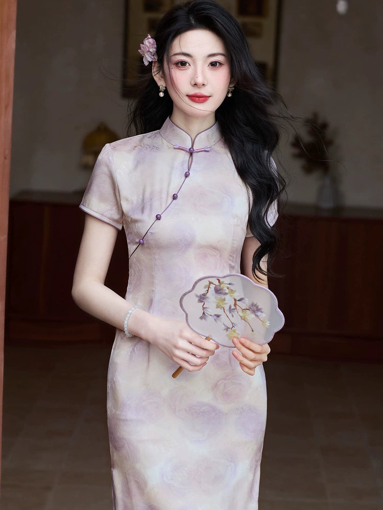 Mist-Lilac Jacquard Qipao | Slim Mandarin Midi Cheongsam