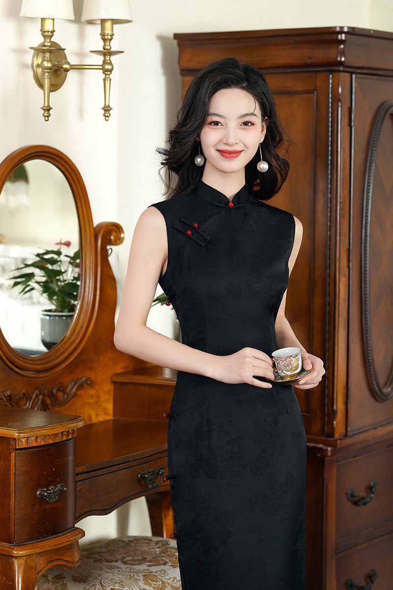 Vintage Black Double-Layer Jacquard Cheongsam Dress | Sleeveless