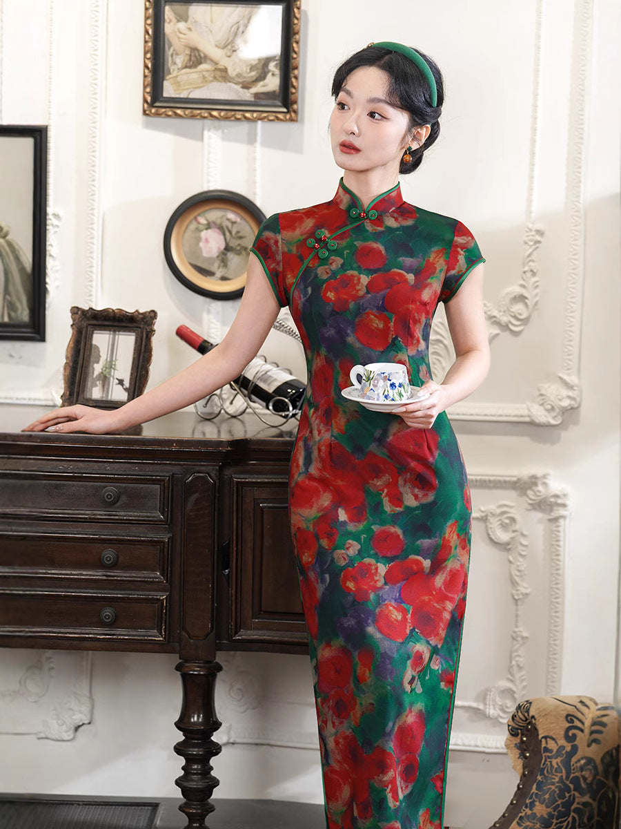 Vintage Oil-Paint Floral Qipao Long Dress | Red-Green Palette