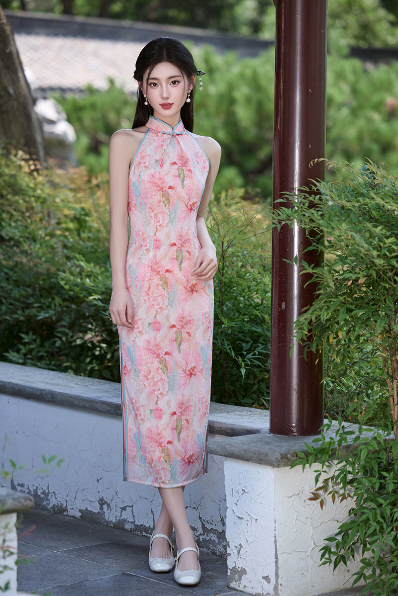 Sleeveless Slim Qipao | Watercolor Print Modern Cheongsam Maxi