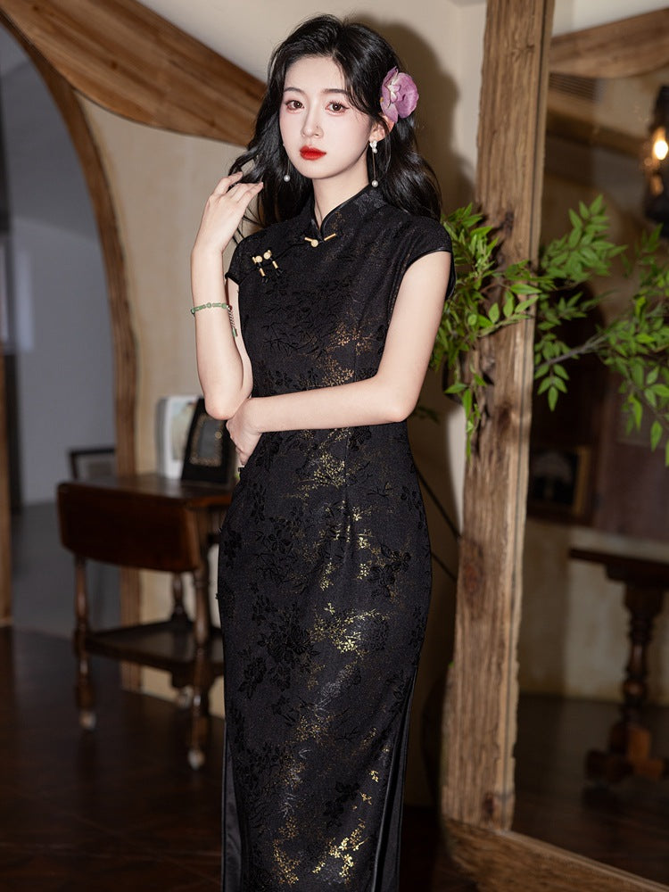 Black Gold Lace Embroidered Vintage Qipao Dress | High Waist Slim Fit Design