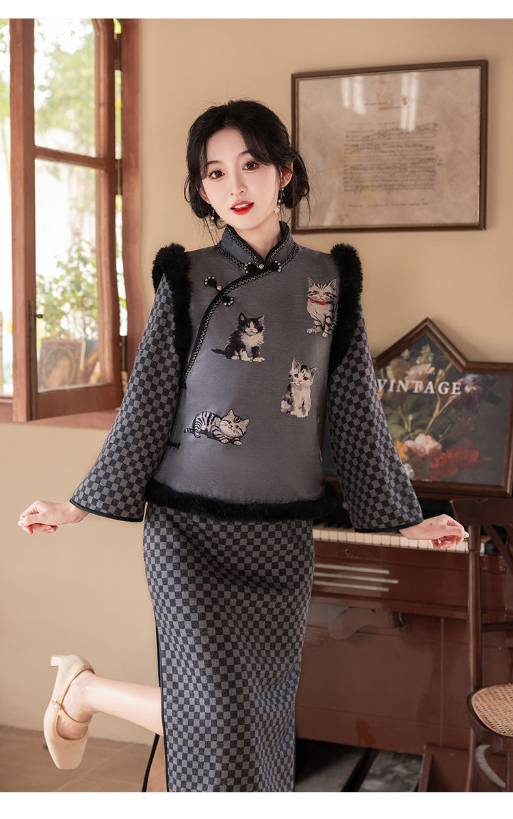 Chinese Style Checkered Pattern Dress Long Sleeve Cheongsam