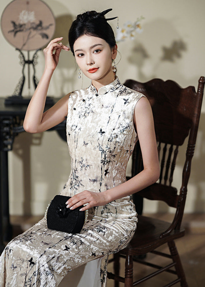Velvet Sleeveless Slim Qipao Dress | Elegant Eveningwear
