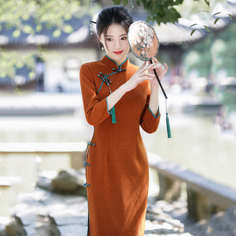 Elegant Red Chinese Style Dress with Floral Embroidery and Tassel Details
