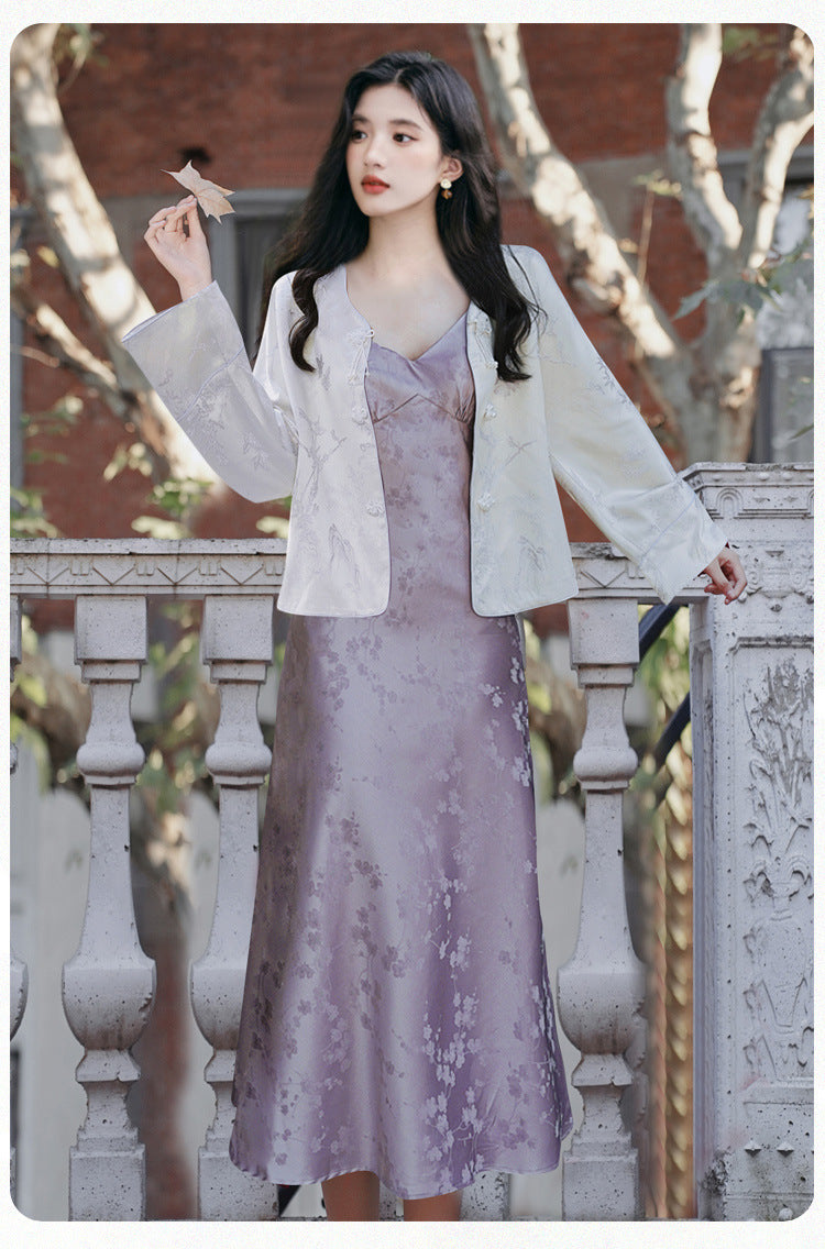 Elegant Purple Floral Dress with White Satin Jacket – Perfect for Traditional Hanfu