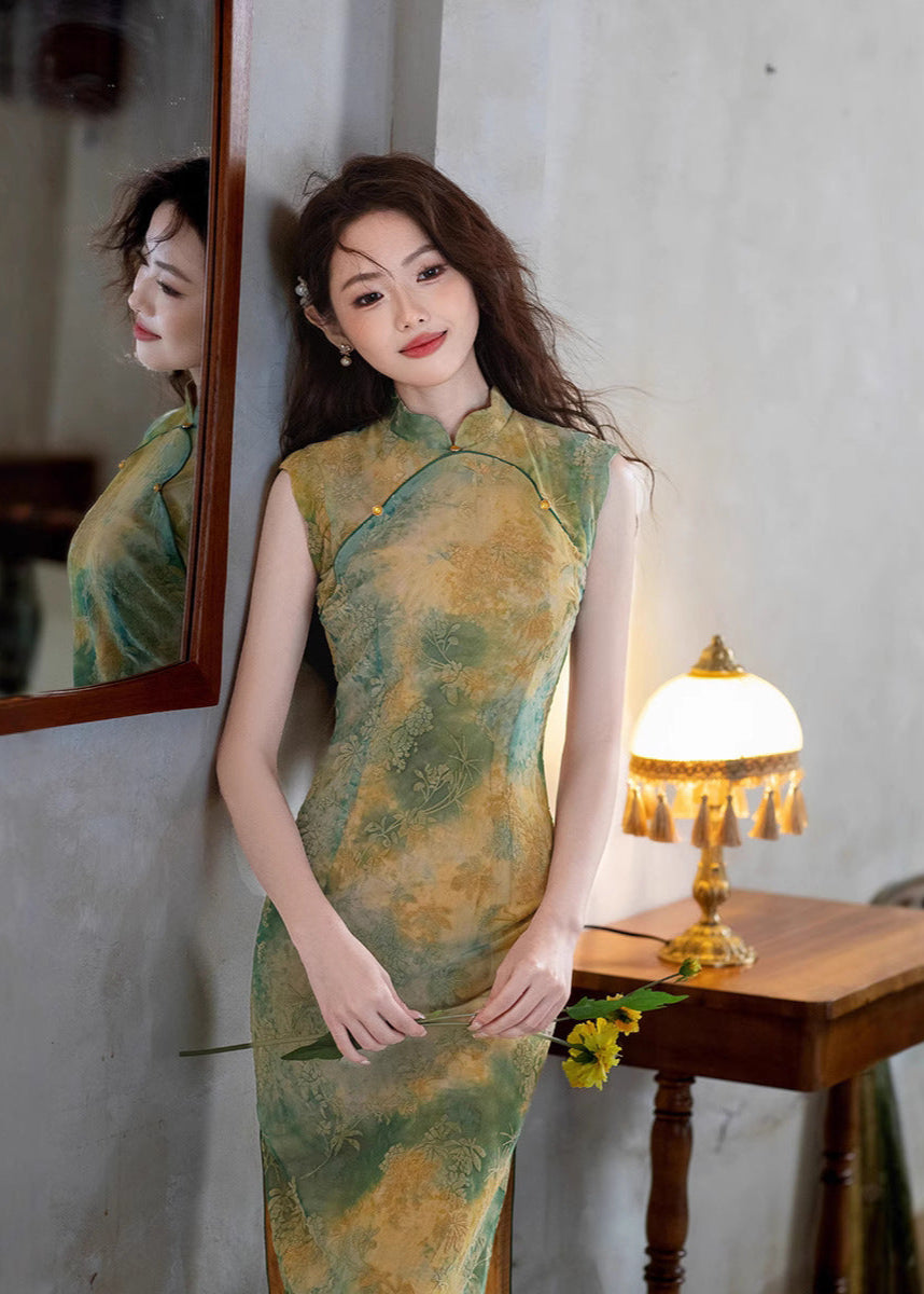 Vintage Yellow & Green Gradient Qipao Long Slim Dress