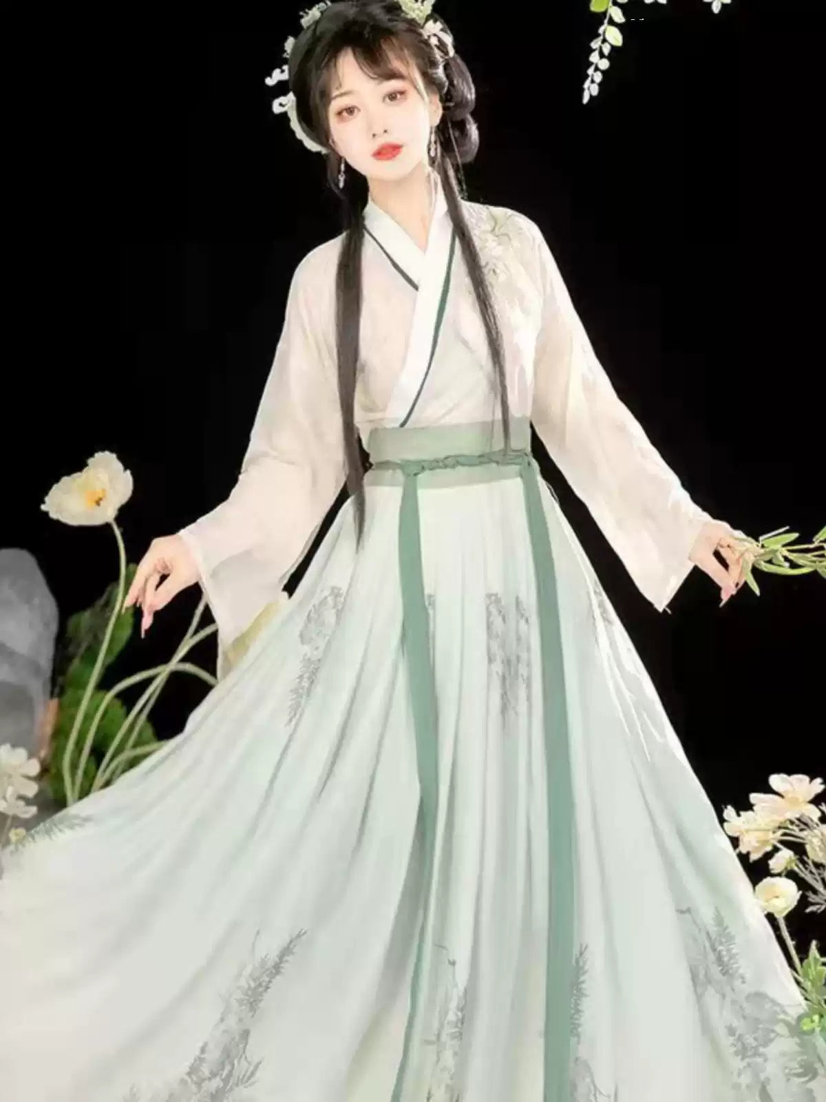Elegant Song Dynasty Hanfu Set – Flowing Green Robes with Embroidered Skirt for Women