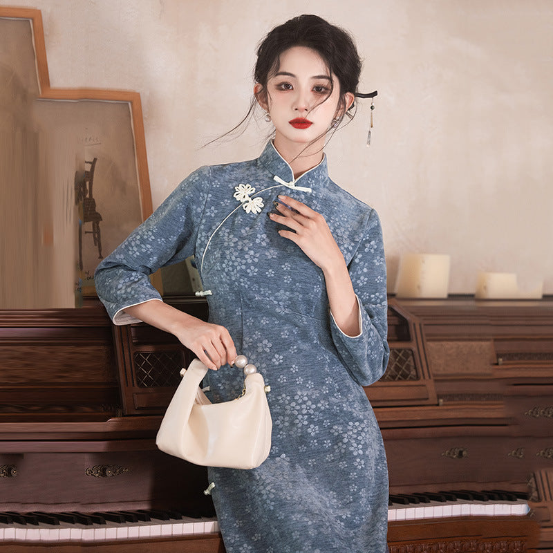 优雅花卉图案旗袍连衣裙 - 复古中国丝绸连衣裙