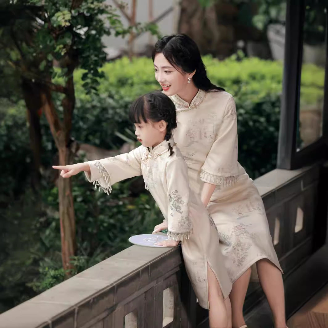 Matching Mother and Daughter Traditional Chinese Cheongsam - Elegant Floral Hanfu Dress for Special Occasions