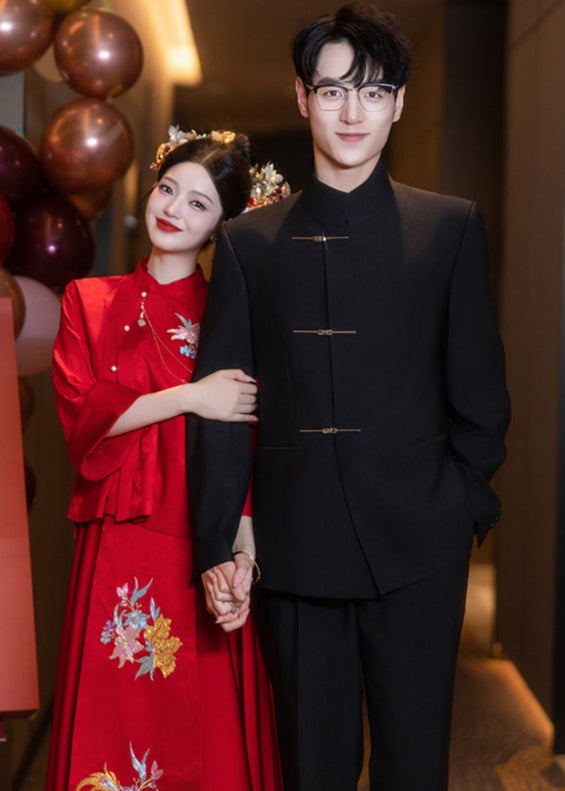 Summer Black Mandarin Collar Zhongshan Suit with Dragon for Wedding