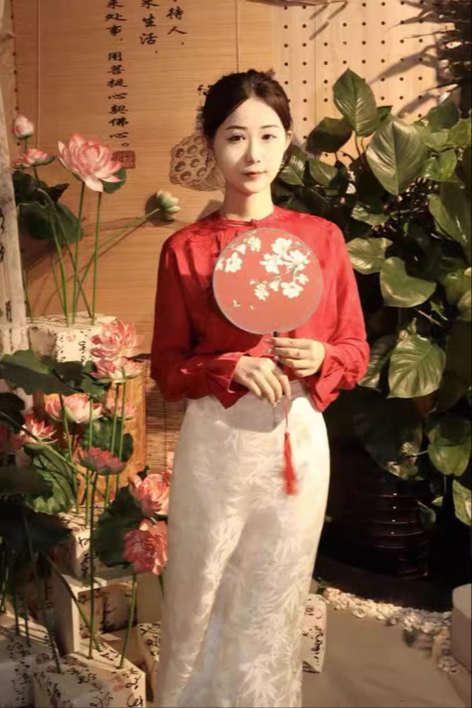 Red Blouse and White Skirt Modern Chinese Fashion Set for Wedding
