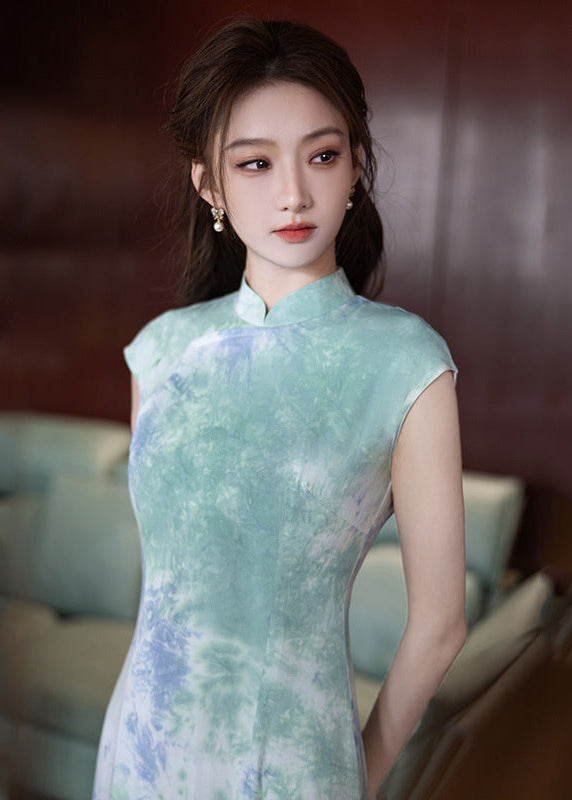 Chinese Ink Print Brocade Qipao | Slim-Fit Mandarin Collar Cheongsam