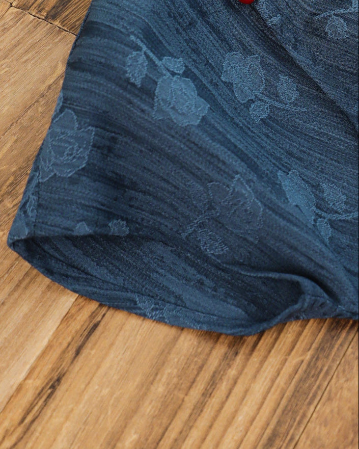Navy Jacquard Vintage Elegant Qipao Dress | Cap-Sleeve Slim Long Gown