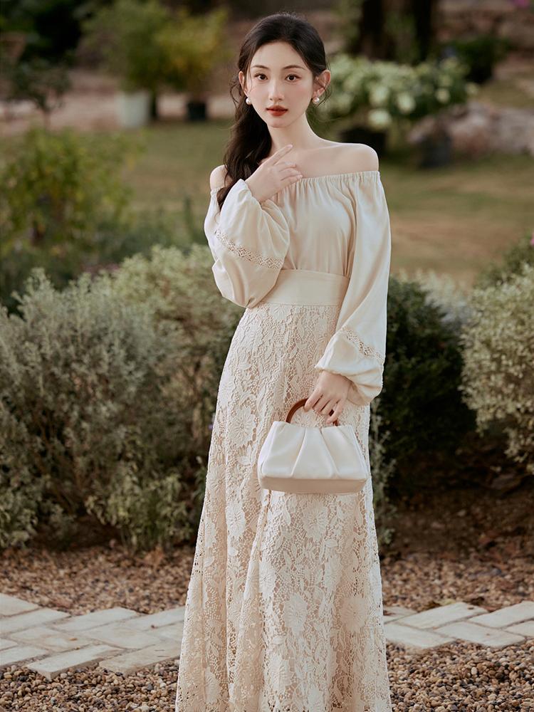 Lace Long Sleeve Dress with Belt, Elegant Women’s Floral Dress