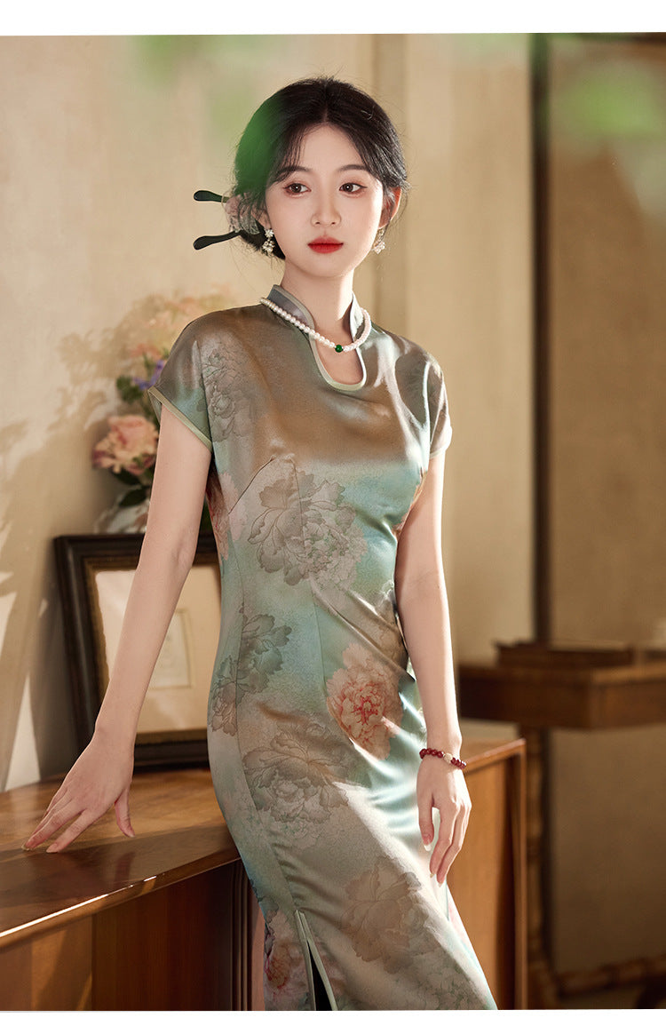 优雅花卉刺绣旗袍复古真丝女式旗袍连衣裙