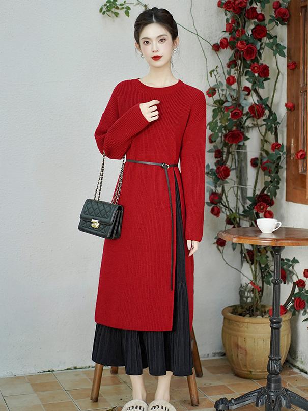 Elegant Red Knit Hanfu Sweater Dress with Belt – Vintage-Inspired Traditional Wear