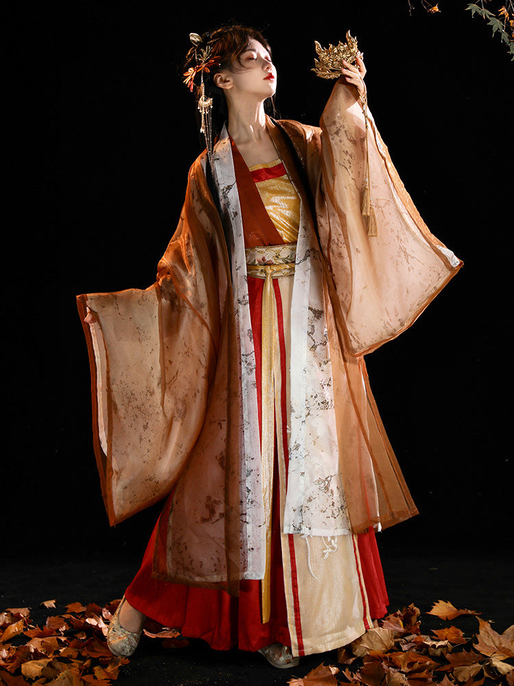 Elegant Tang Dynasty Hanfu Dress Set with Embroidered Cloak & Flowing Skirt