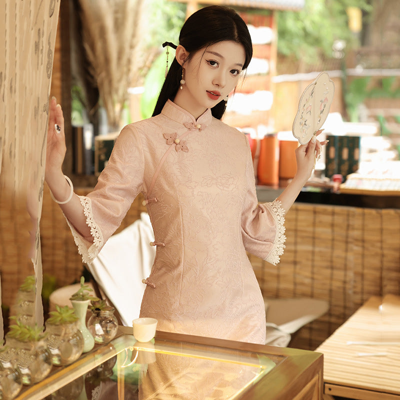 Elegant Pink Qipao Dress with Lace Detailing and Floral Embroidery