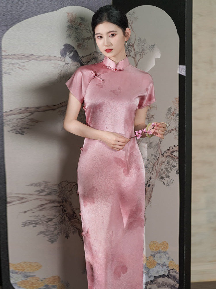Pink Full-Front Long Qipao | Traditional Design Elegant Women’s Style