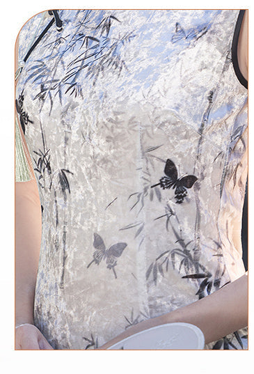 Chinese-style Sleeveless Cheongsam | Bamboo Leaf Butterfly Embroidered Qipao